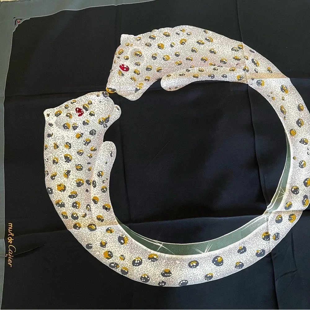 Cartier Jeweled Panther Silk Scarf Black Twill, with Box Vintage 1980s